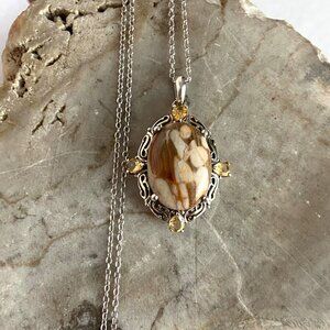 Sterling Silver STS 925 Oval Mookaite Jasper & Citrine Pendant Necklace 18"